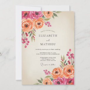Invitación Boda Magenta Naranja Ranunculus Eucalipto