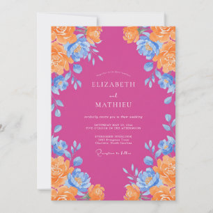 Invitación Boda Magenta Naranja Ranunculus Salvia