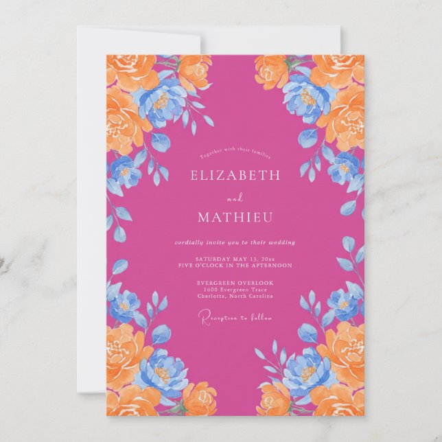 Invitación Boda Magenta Naranja Ranunculus Salvia (Anverso)