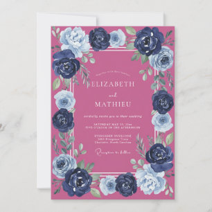 Invitación Boda Magenta Navy Ranunculus Eucalyptus