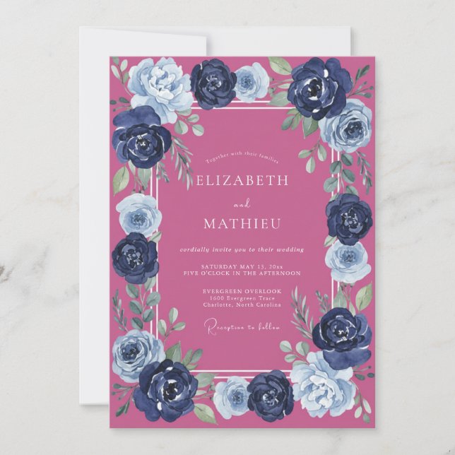 Invitación Boda Magenta Navy Ranunculus Eucalyptus (Anverso)