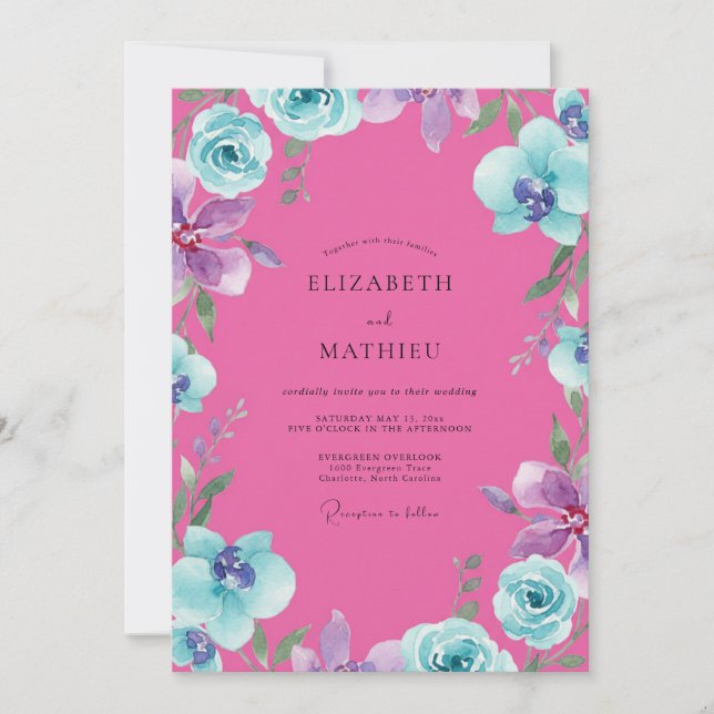 Invitación Boda Magenta Orquídea Aqua (Anverso)