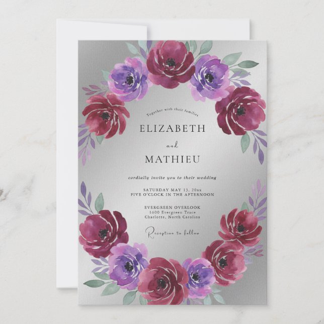 Invitación Boda Magenta Violeta Ranunculus Eucalipto (Anverso)