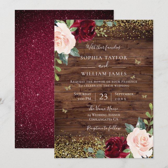 Invitación Boda mágico de Rubor y borgoña floral rústica (Anverso / Reverso)