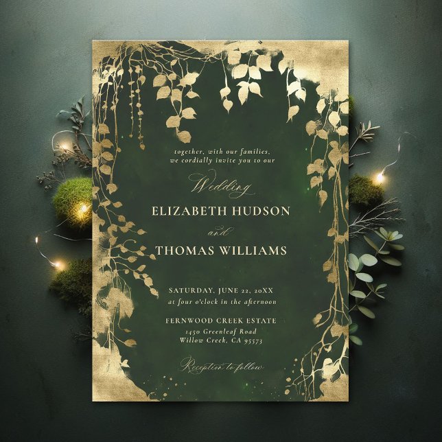 Invitación Boda mágico del marco del follaje forestal encanta (Enchanted Forest Hunter Green Draped Greenery Frame Modern Calligraphy Wedding Invitation)