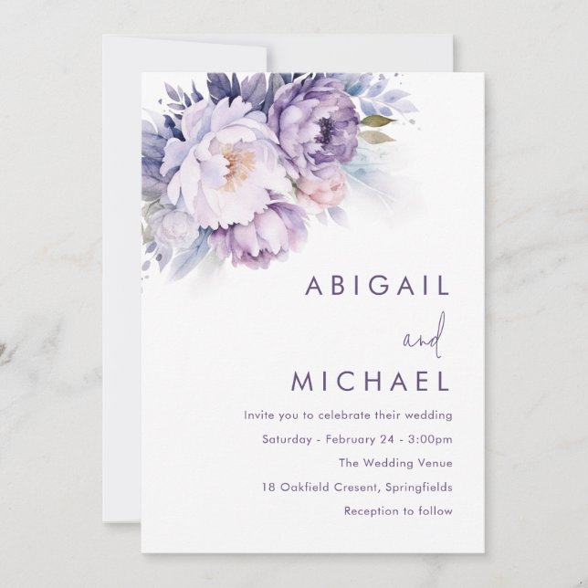 Invitación Boda mágico morado floral (Anverso)
