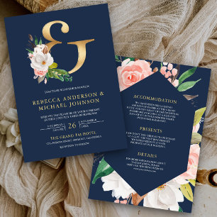 Invitación Boda Magnolia Floral Gold Ampersand Azul Marino