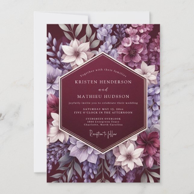 Invitación Boda Majestuosa Flor de Granate (Anverso)