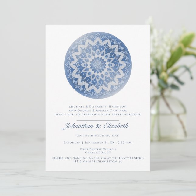 Invitación Boda Mandala de Encaje Azul (Anverso de pie)