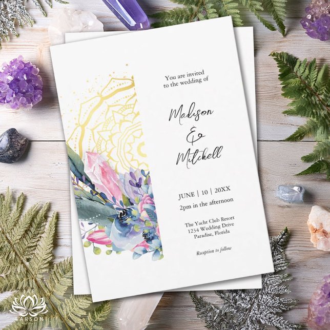 Invitación Boda Mandala Dorado Cristal Rosa Handfasting Boho (Subido por el creador)