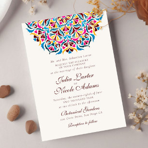 Invitación Boda Mandala Floral Caprichosa Azul Magenta
