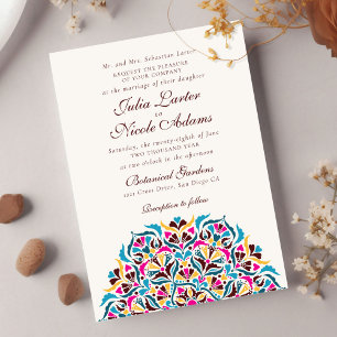 Invitación Boda Mandala Floral Caprichosa Azul Magenta