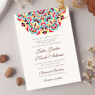 Invitación Boda Mandala Floral Caprichosa Naranja Verde Teal