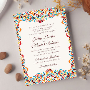 Invitación Boda Mandala Floral Caprichosa Naranja Verde Teal