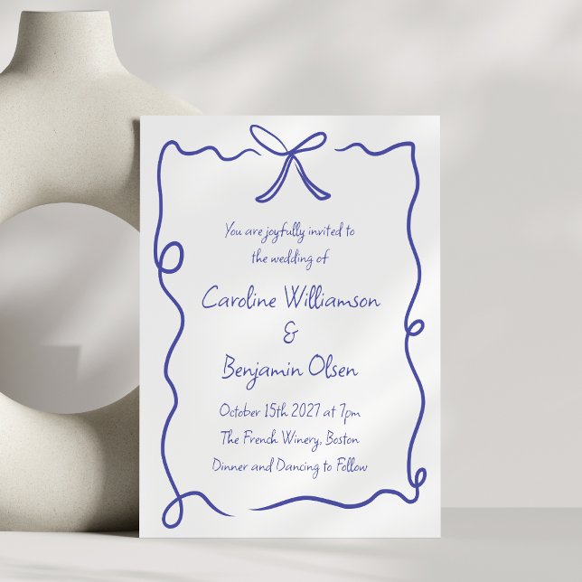 Invitación Boda manuscrito blanco azul de borde mínimo de inc (Subido por el creador)
