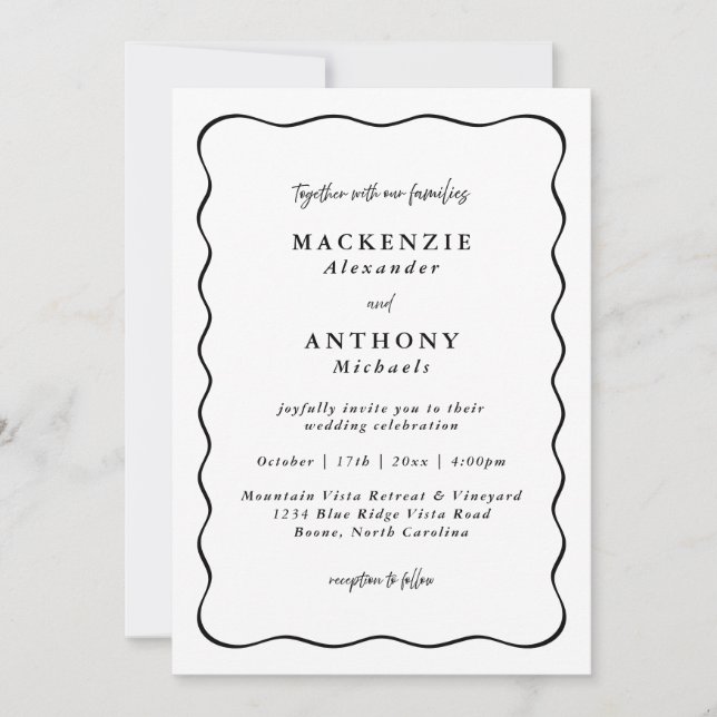 Invitación Boda manuscrito Borde ondulado negro todo en uno (Anverso)
