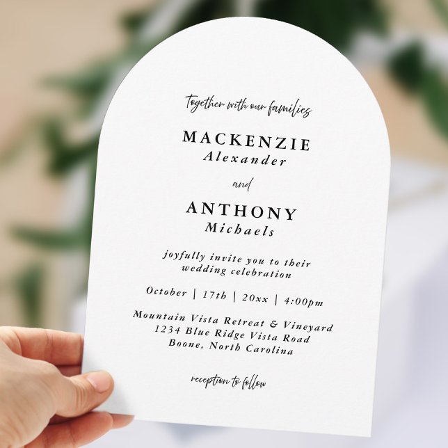 Invitación Boda manuscrito casual Arco Blanco y Negro (Casual Handwritten Wedding Black & White Arch Invitation)