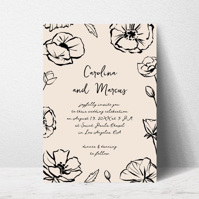 Invitación Boda manuscrito floral dibujado a mano con esbozos (Subido por el creador)