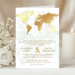 Invitación Boda Mapa Mundial Destino Tropical Oro Blanco