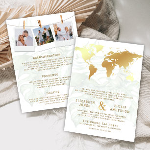 Invitación Boda Mapa Mundial Destino Tropical Oro Blanco