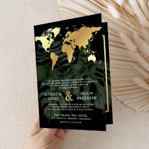 Invitación Boda Mapa Mundial Destino Tropical Oro Negro
