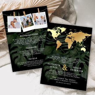 Invitación Boda Mapa Mundial Destino Tropical Oro Negro
