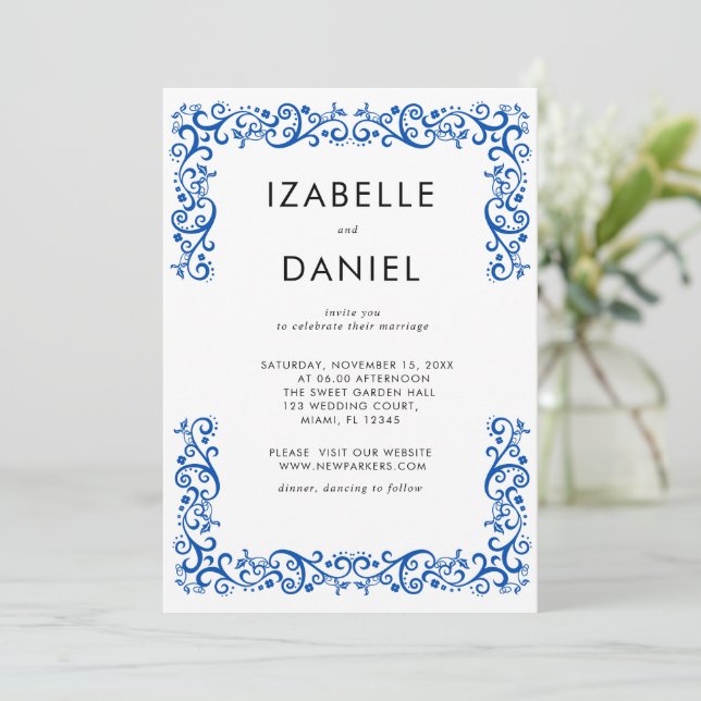 Invitación Boda Marco Azul Vintage Elegante  (Anverso de pie)