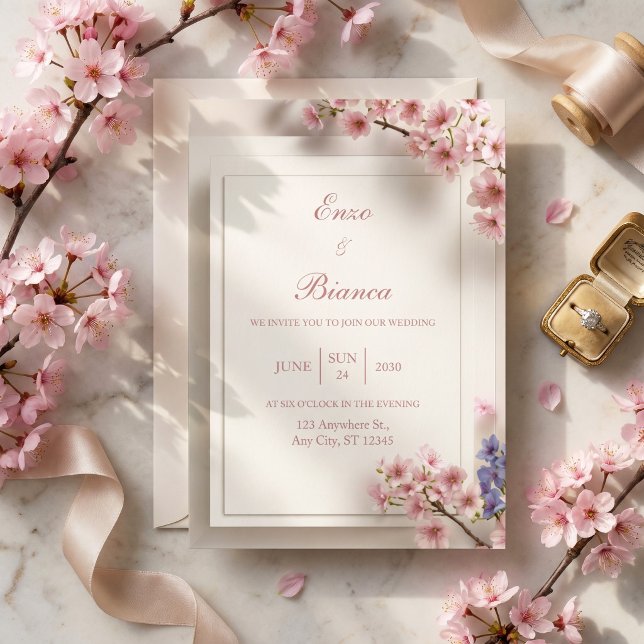 Invitación Boda Marco Botánico Rosa Sakura Crema Texturizada (Subido por el creador)