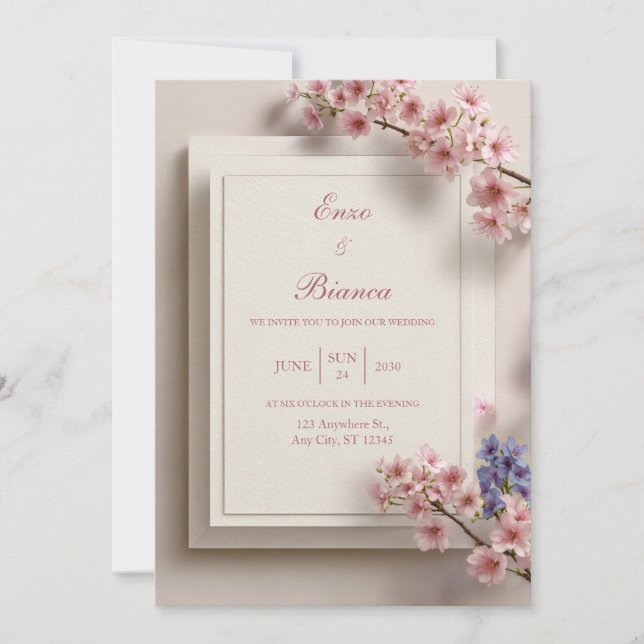 Invitación Boda Marco Botánico Rosa Sakura Crema Texturizada (Anverso)