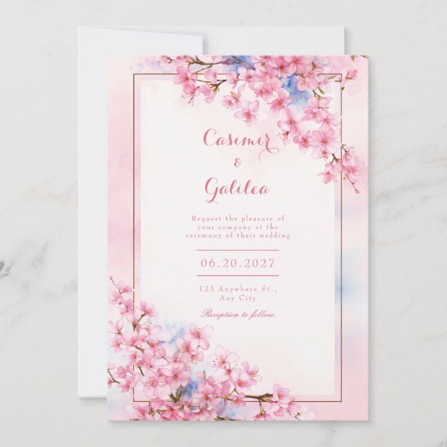 Invitación Boda Marco de Bronce de Acuarela Azul de Cerezo Ro (Anverso)