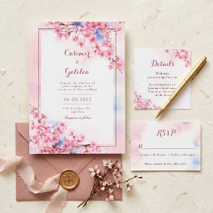 Invitación Boda Marco de Bronce de Acuarela Azul de Cerezo Ro