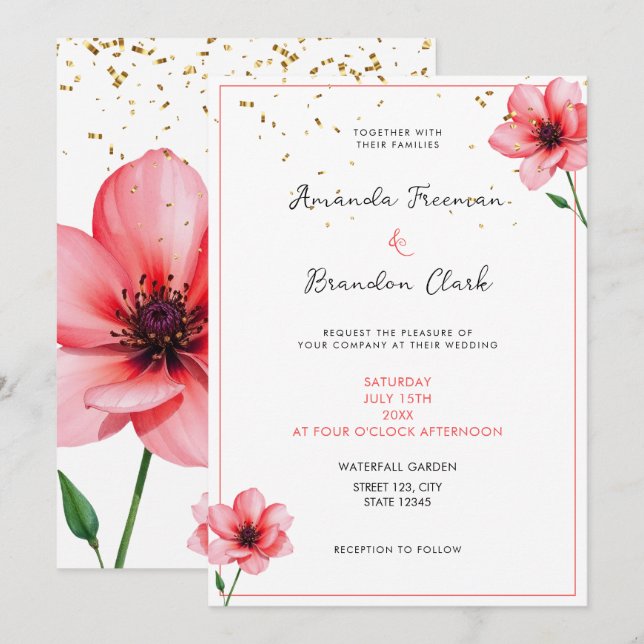 Invitación Boda Marco de Confeti Floral Rosa Chic (Anverso / Reverso)