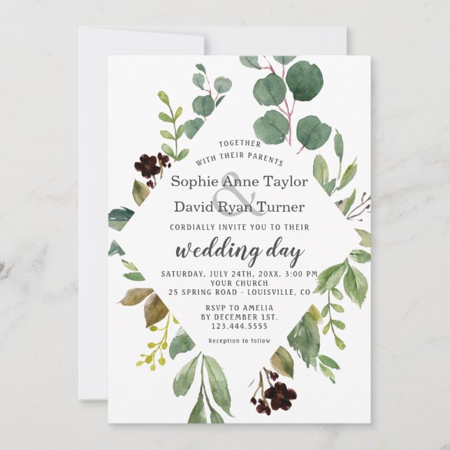 Invitación Boda Marco de Follaje Verde Acuarela (Anverso)