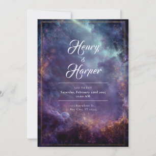 Invitación Boda Marco de Oro Púrpura Nebulosa Celeste de Lujo