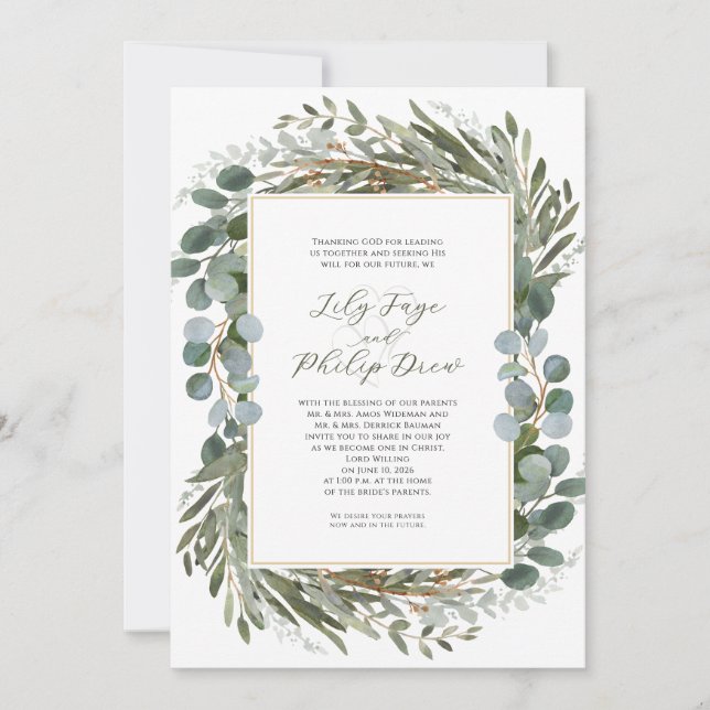 Invitación Boda Marco de Vegetación Verde Salvia (Anverso)