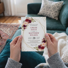 Invitación Boda Marco Dorado Floral Burgundy Rubor Moderno