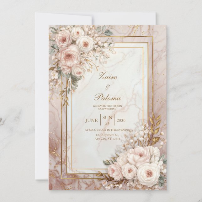 Invitación Boda Marco Dorado Mármol Rosa Rubor (Anverso)