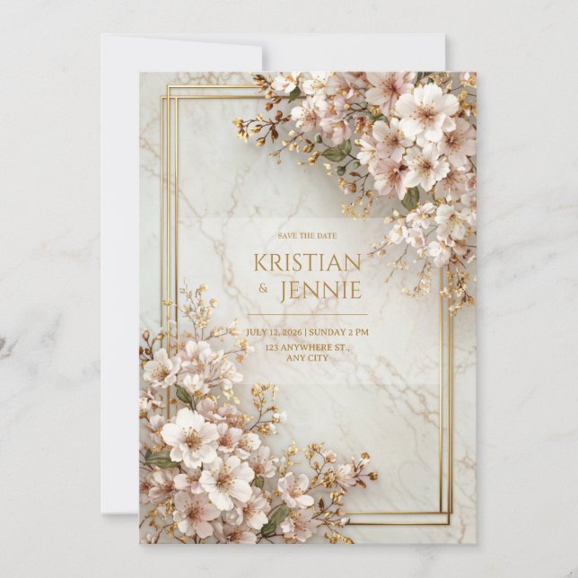 Invitación Boda Marco Dorado Mármol Sakura Rubor (Anverso)