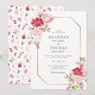 Invitación Boda Marco Dorado Rosas Rojas Rosadas Acuarela