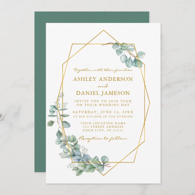 Invitación Boda Marco dorado Watercolor Eucalyptus Verdor (Anverso / Reverso)