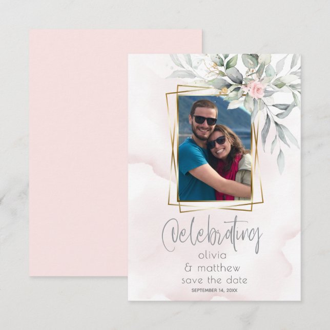 Invitación Boda | Marco floral fotográfico rosa pálido (Anverso / Reverso)