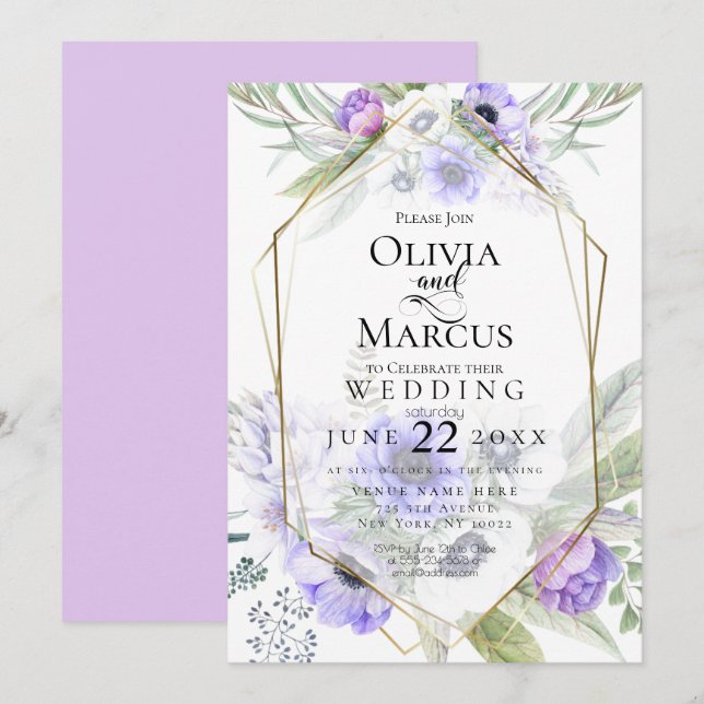 Invitación Boda | Marco violento de flor anémona (Anverso / Reverso)