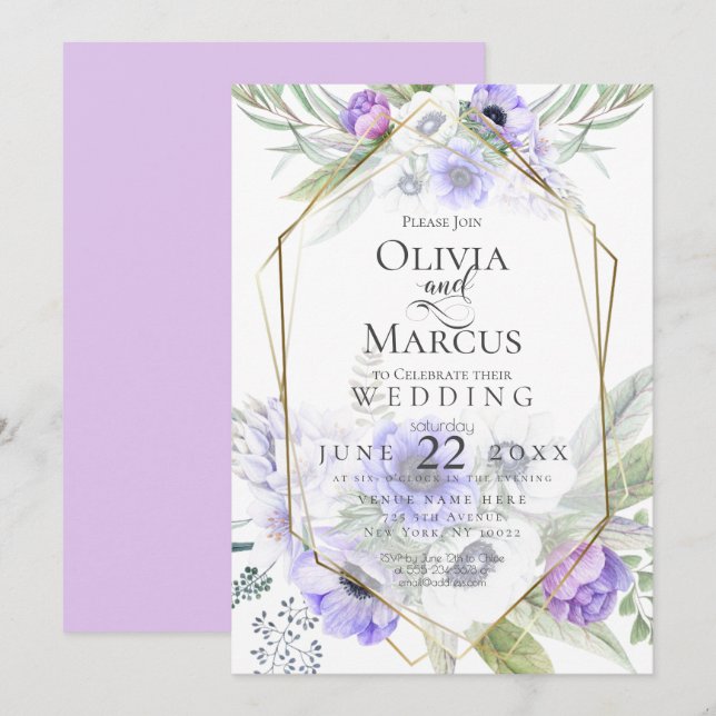 Invitación Boda | Marco violento de flor anémona (Anverso / Reverso)