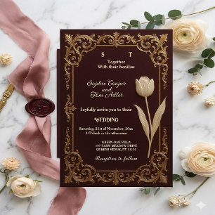 Invitación Boda Marfil Tulipán Barroco Oro Borgoña de Lujo
