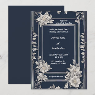Invitación Boda marfileña elegante de Navy Blue y Silver
