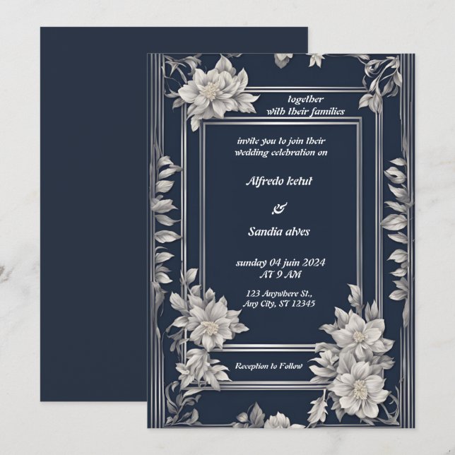 Invitación Boda marfileña elegante de Navy Blue y Silver (Anverso / Reverso)