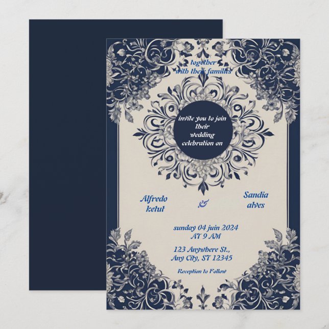 Invitación Boda marfileña elegante de Navy Blue y Silver (Anverso / Reverso)