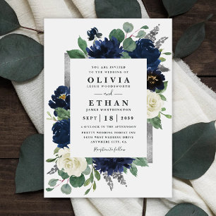Invitación Boda marfileña elegante de Navy Blue y Silver