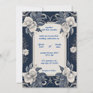 Invitación Boda marfileña elegante de Navy Blue y Silver