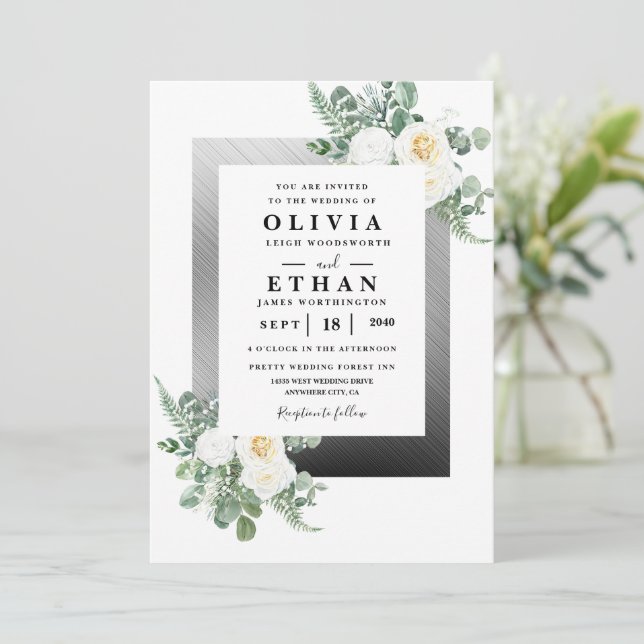 Invitación Boda marfileña elegante de Navy Blue y Silver (Anverso de pie)